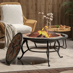 3 In 1 Garden bbq Fire Pit Wood Burning Round Mosaic Ceramic Table Top Outdoor Space Heater