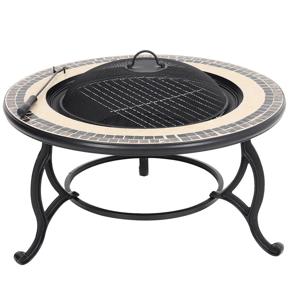 3 In 1 Garden bbq Fire Pit Wood Burning Round Mosaic Ceramic Table Top Outdoor Space Heater
