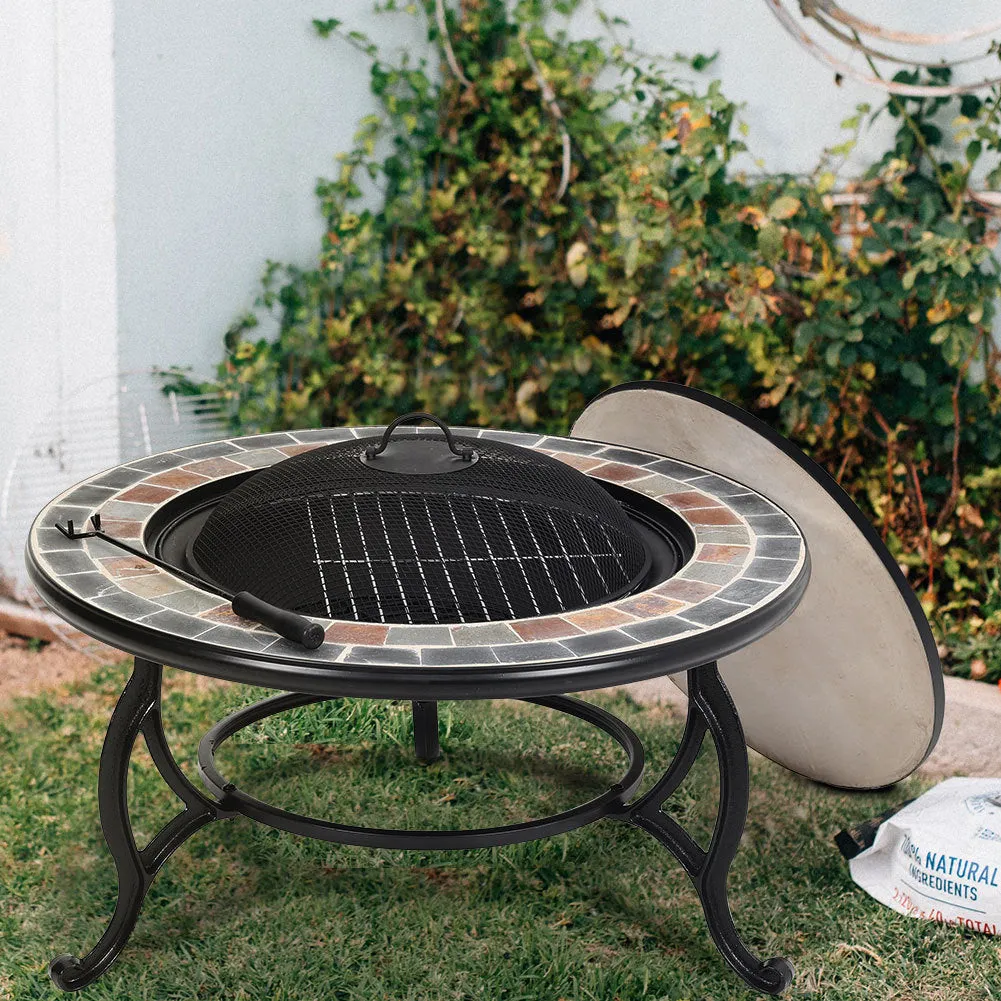 3 In 1 Garden bbq Fire Pit Wood Burning Round Mosaic Ceramic Table Top Outdoor Space Heater
