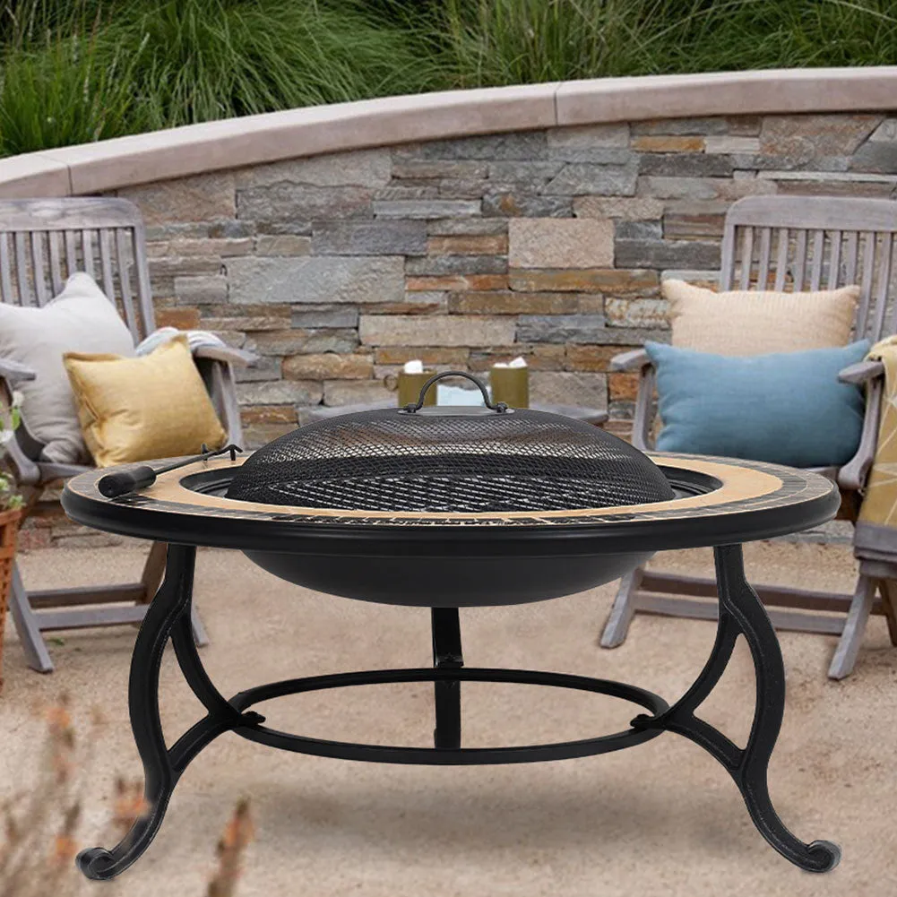 3 In 1 Garden bbq Fire Pit Wood Burning Round Mosaic Ceramic Table Top Outdoor Space Heater