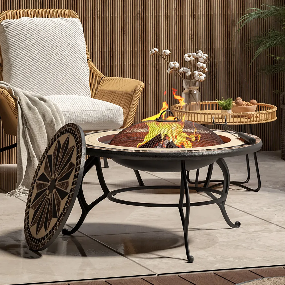 3 In 1 Garden bbq Fire Pit Wood Burning Round Mosaic Ceramic Table Top Outdoor Space Heater