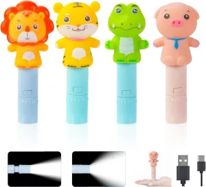4 Pack Small Mini Cute Kids Flashlight, Rechargeable Animal Flashlights for Boys Girls,Christmas Gifts Stocking Stuffers