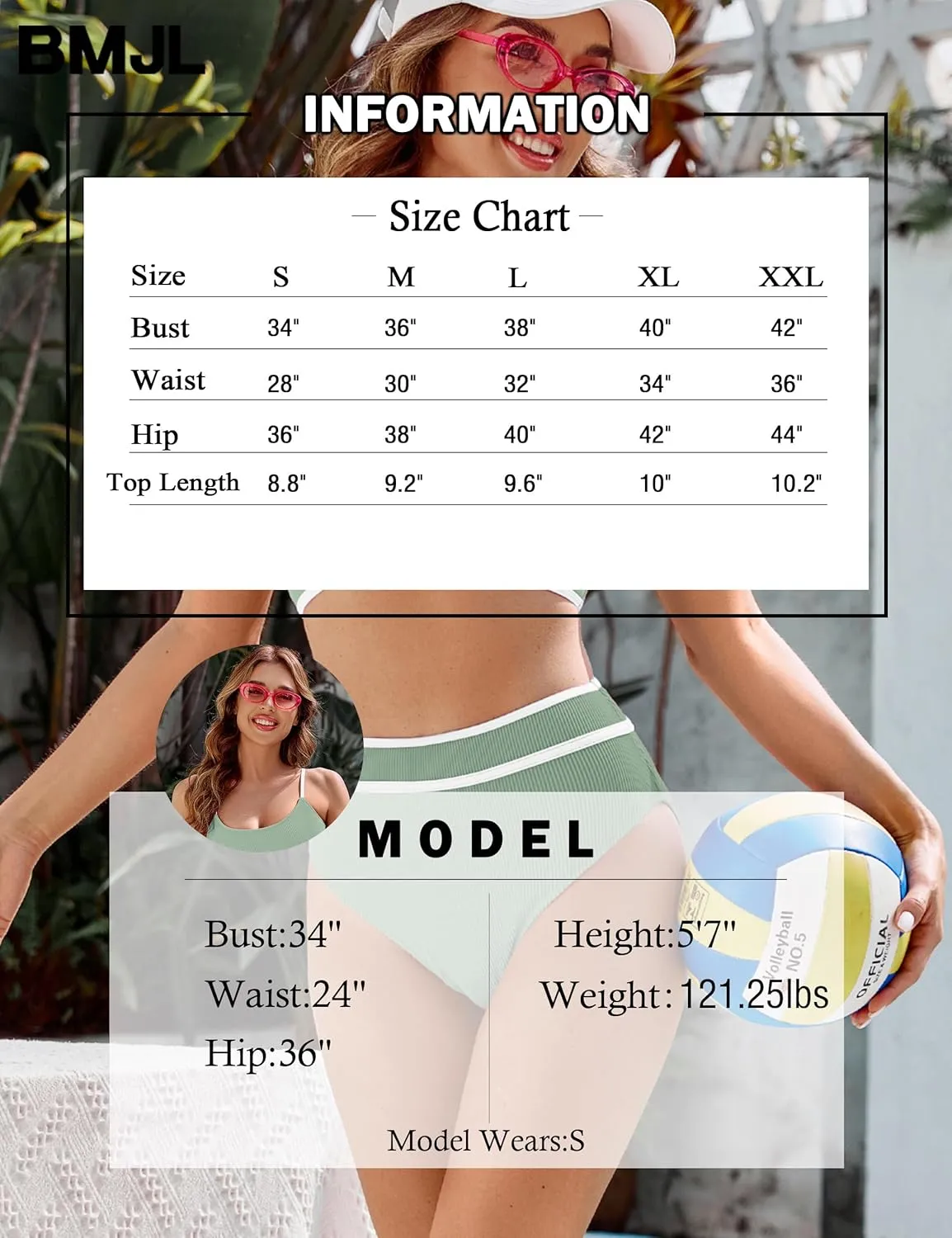 BMJL Women's High Waisted Bikini Ribbed Two Piece Swimsuit High Cut Color Block Adjustable Straps Bathing Suit