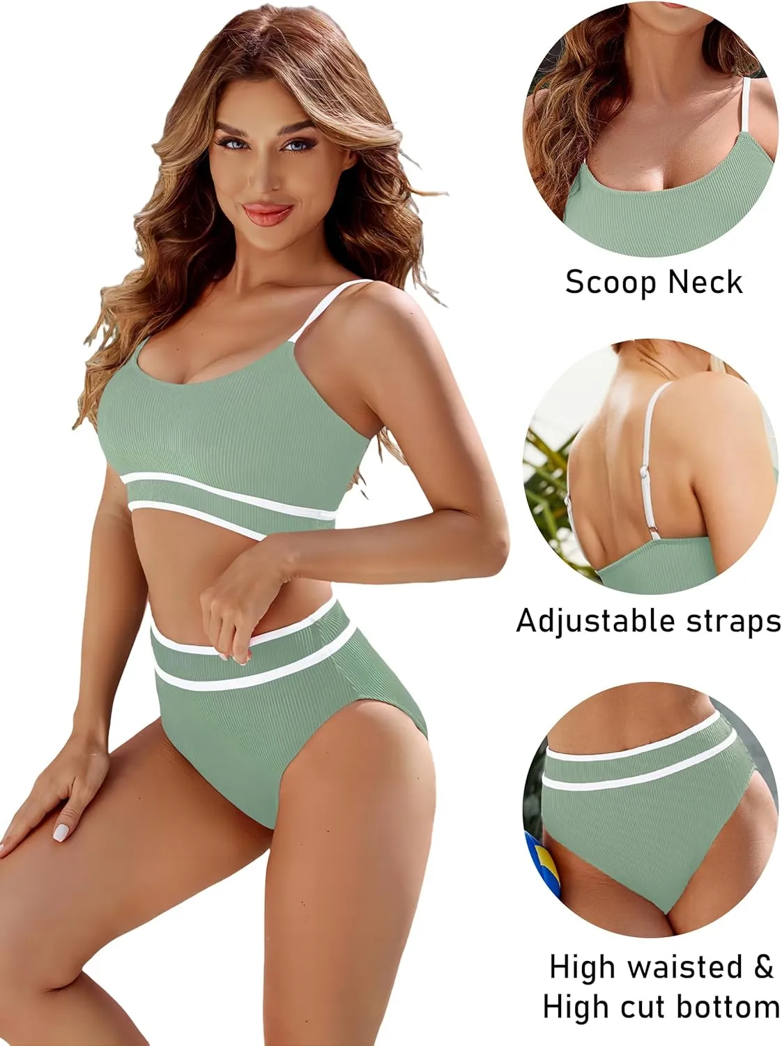 BMJL Women's High Waisted Bikini Ribbed Two Piece Swimsuit High Cut Color Block Adjustable Straps Bathing Suit