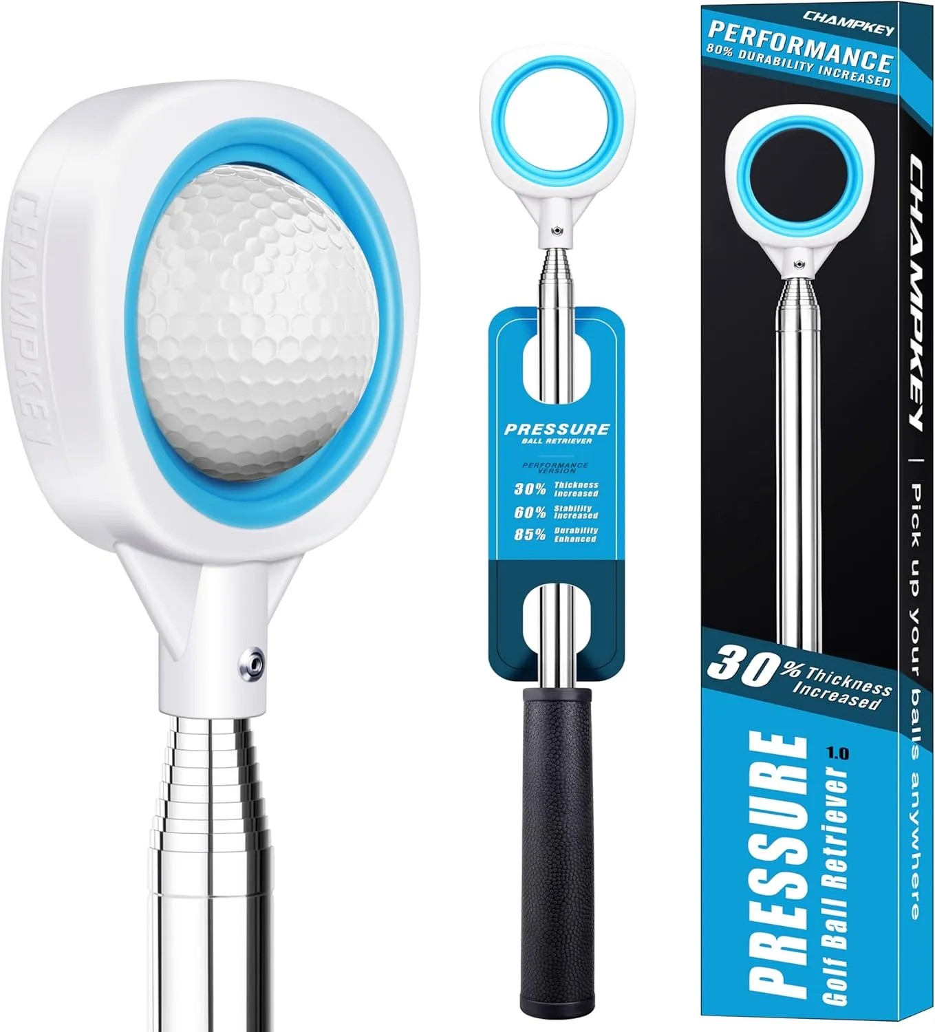 CHAMPKEY Pressure Golf Ball Retriever Performance Version - Thicken Stainless Steel Shaft with Rubber Grip Golf Retriever - Available in 9Ft / 12Ft / 14.5Ft / 16.3Ft