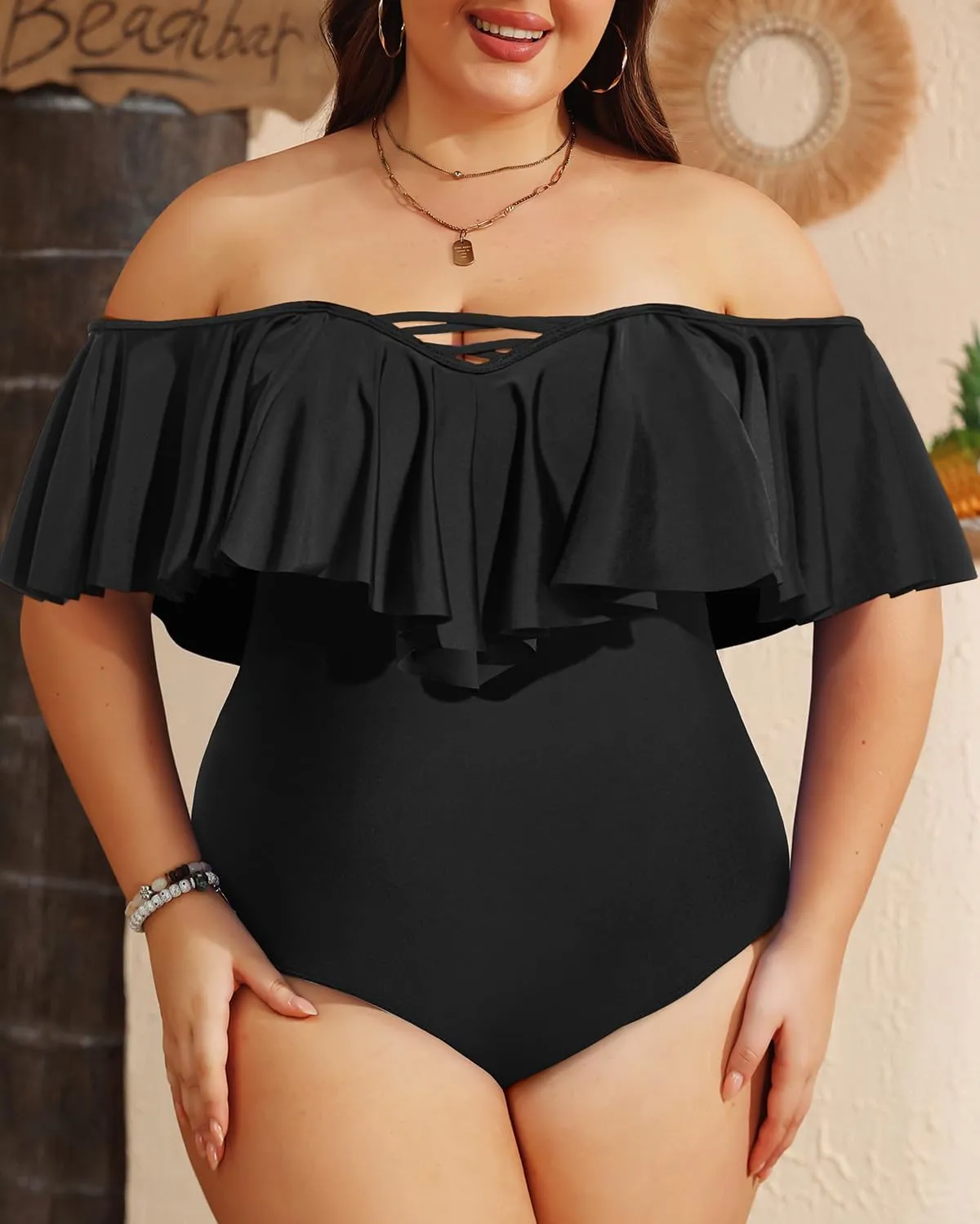 Daci Women Plus Size One Piece Swimsuits Tummy Control Ruffle Off Shoulder Bathing Suits