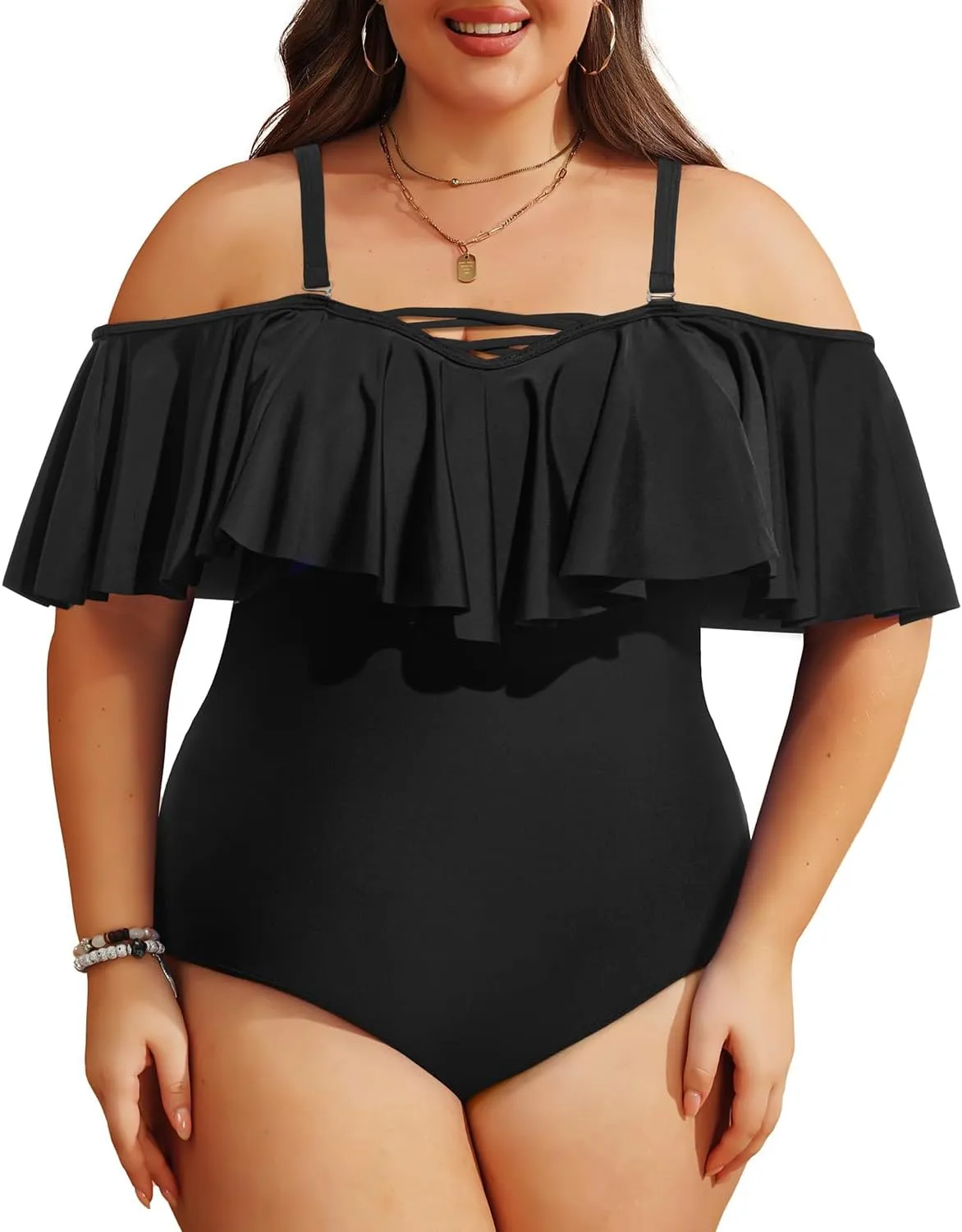Daci Women Plus Size One Piece Swimsuits Tummy Control Ruffle Off Shoulder Bathing Suits