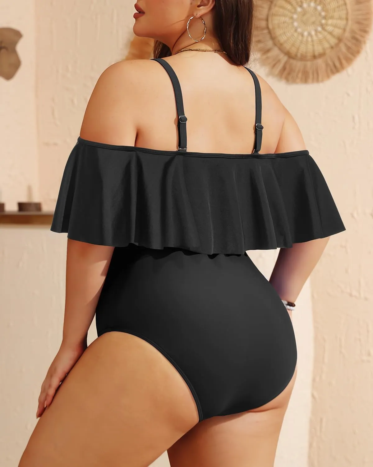 Daci Women Plus Size One Piece Swimsuits Tummy Control Ruffle Off Shoulder Bathing Suits