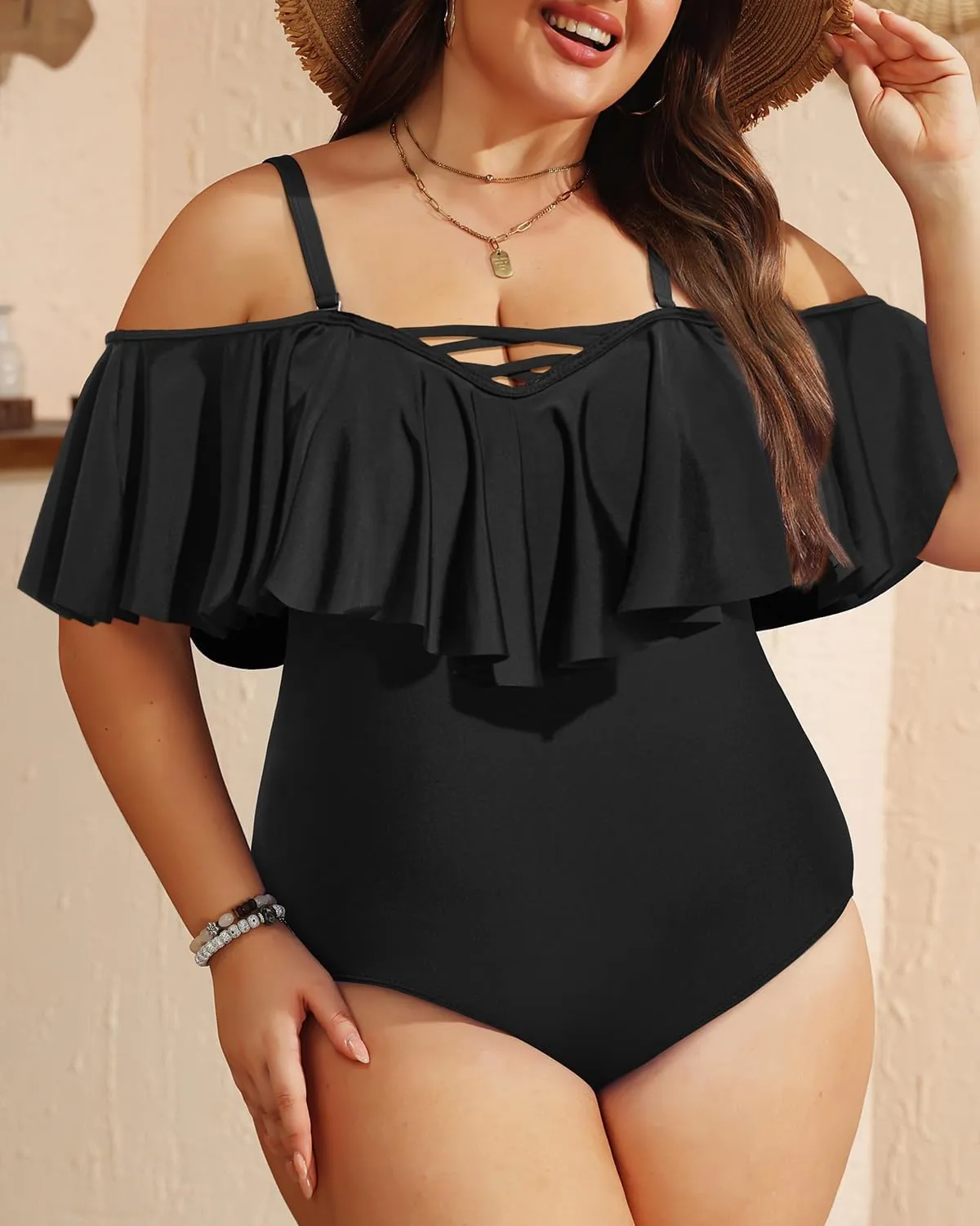 Daci Women Plus Size One Piece Swimsuits Tummy Control Ruffle Off Shoulder Bathing Suits