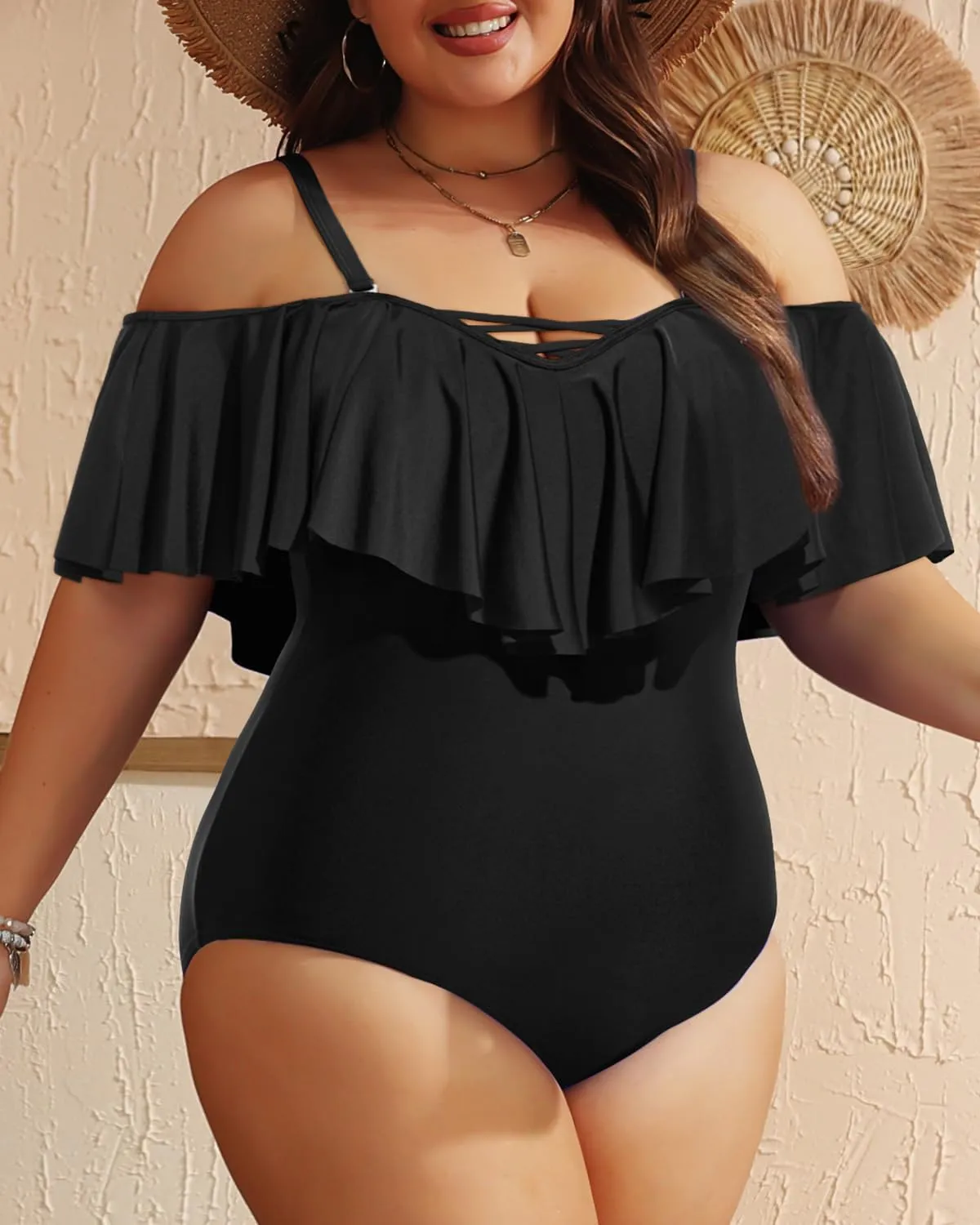 Daci Women Plus Size One Piece Swimsuits Tummy Control Ruffle Off Shoulder Bathing Suits