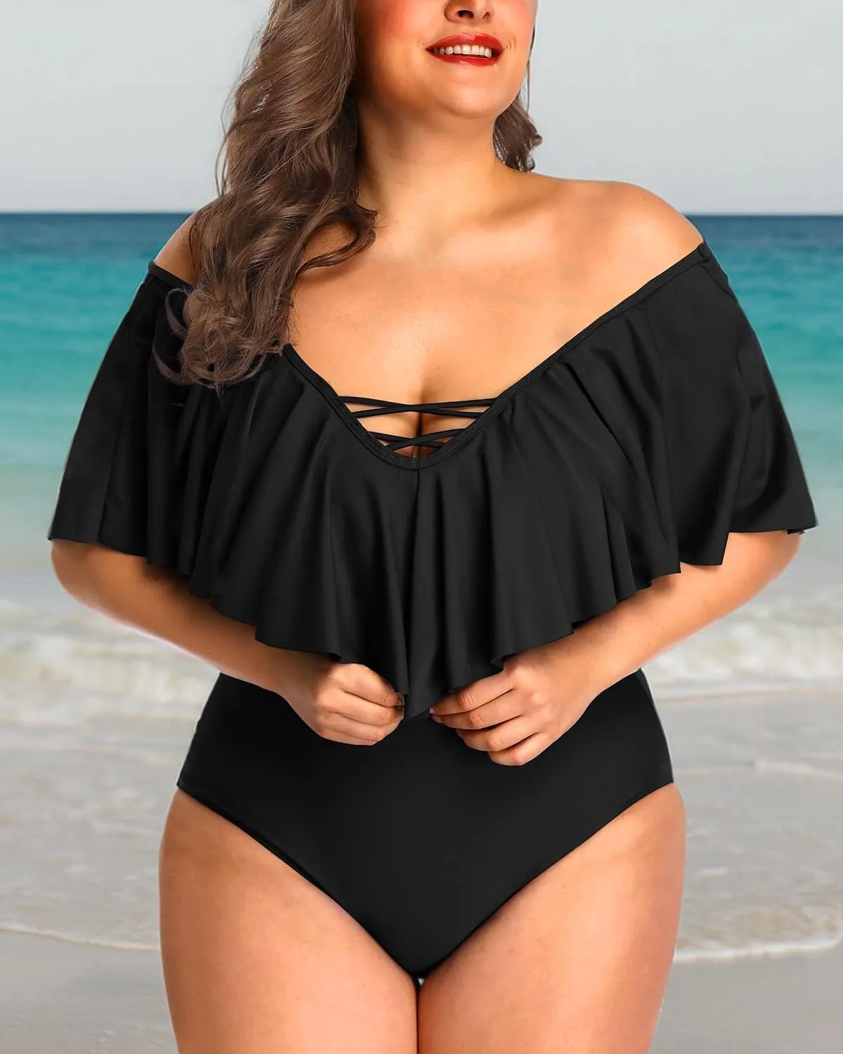 Daci Women Plus Size One Piece Swimsuits Tummy Control Ruffle Off Shoulder Bathing Suits