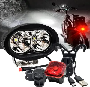 E-Bike High-Output White LED Headlight & USB Rechargeable 4-Mode Smart Sensor Brake Light 12V - 60V Compatible with Vamoose Mammoth Rad Power Bikes RadMini RadRover RadExpand RadRunner