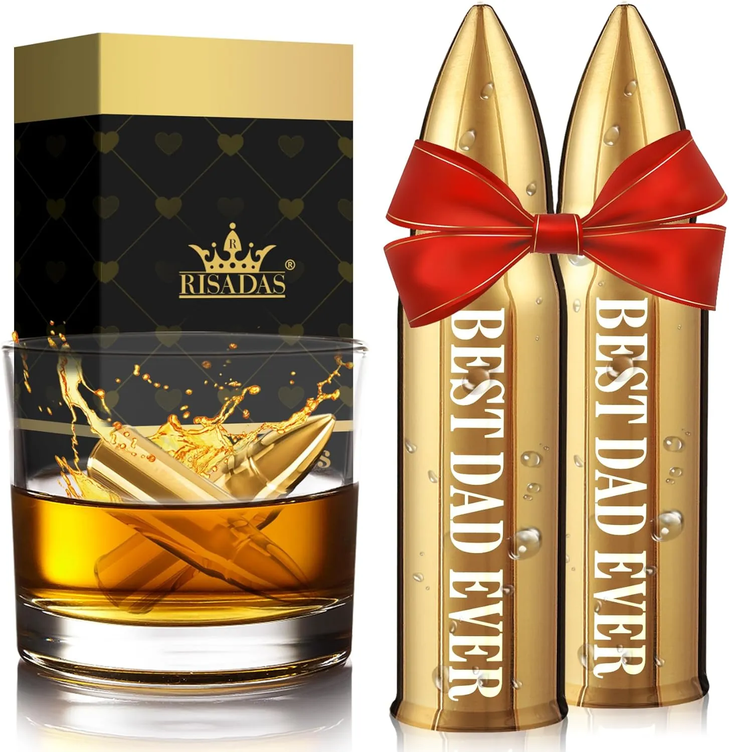 Fathers Day Dad Gifts - Gifts for Dad, Fathers Day Present ldeas from Daughter, Wife - Dads Birthday Gift from Son, Gift for Stepdad, Men - Christmas Whiskey Stones Presents, Gold, 2 Pieces, bar Set