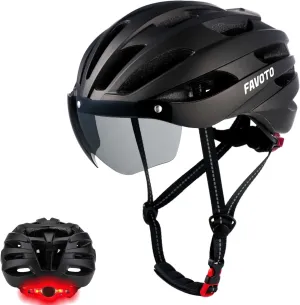 Favoto Bike Helmet with Light and Magnetic Goggles - USB Rechargeable Taillight -Mountain and Road Cycling Helmets for Men and Women