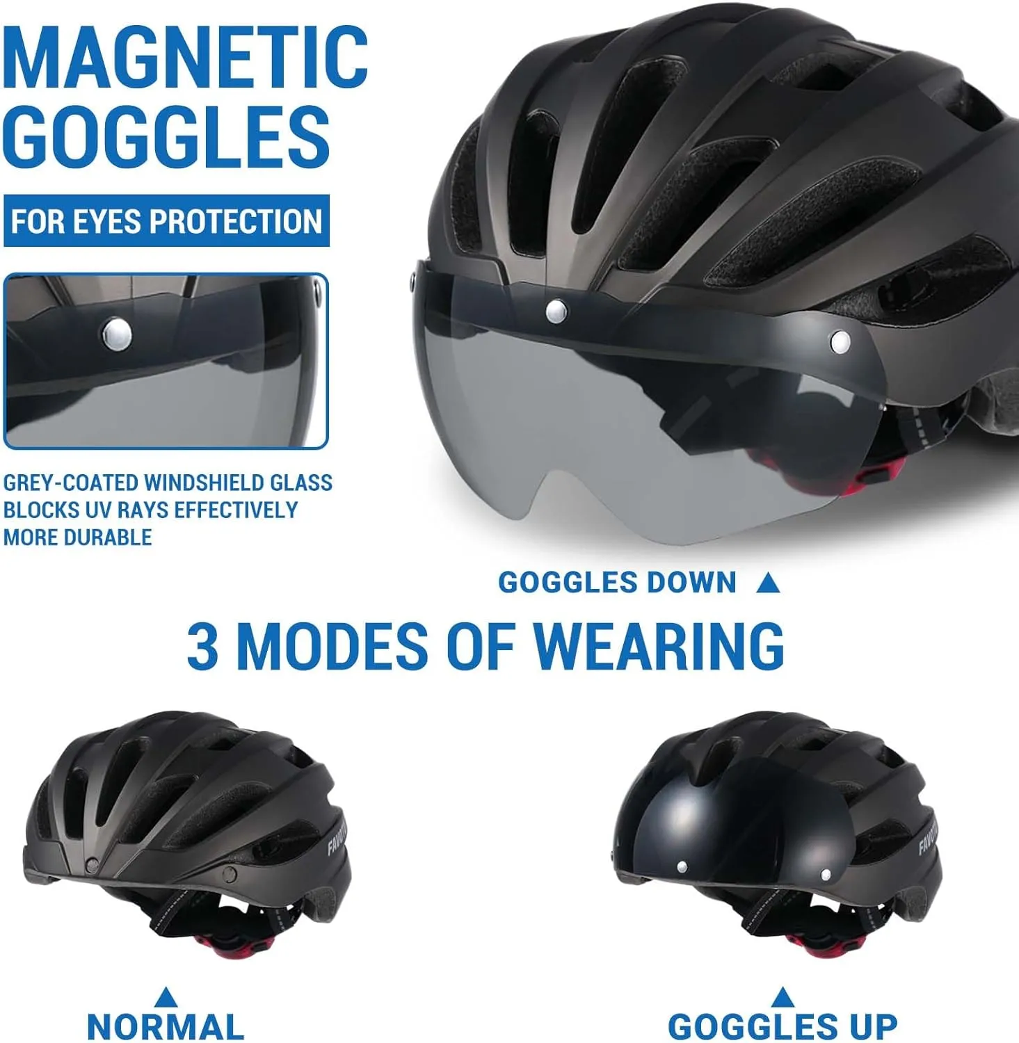 Favoto Bike Helmet with Light and Magnetic Goggles - USB Rechargeable Taillight -Mountain and Road Cycling Helmets for Men and Women
