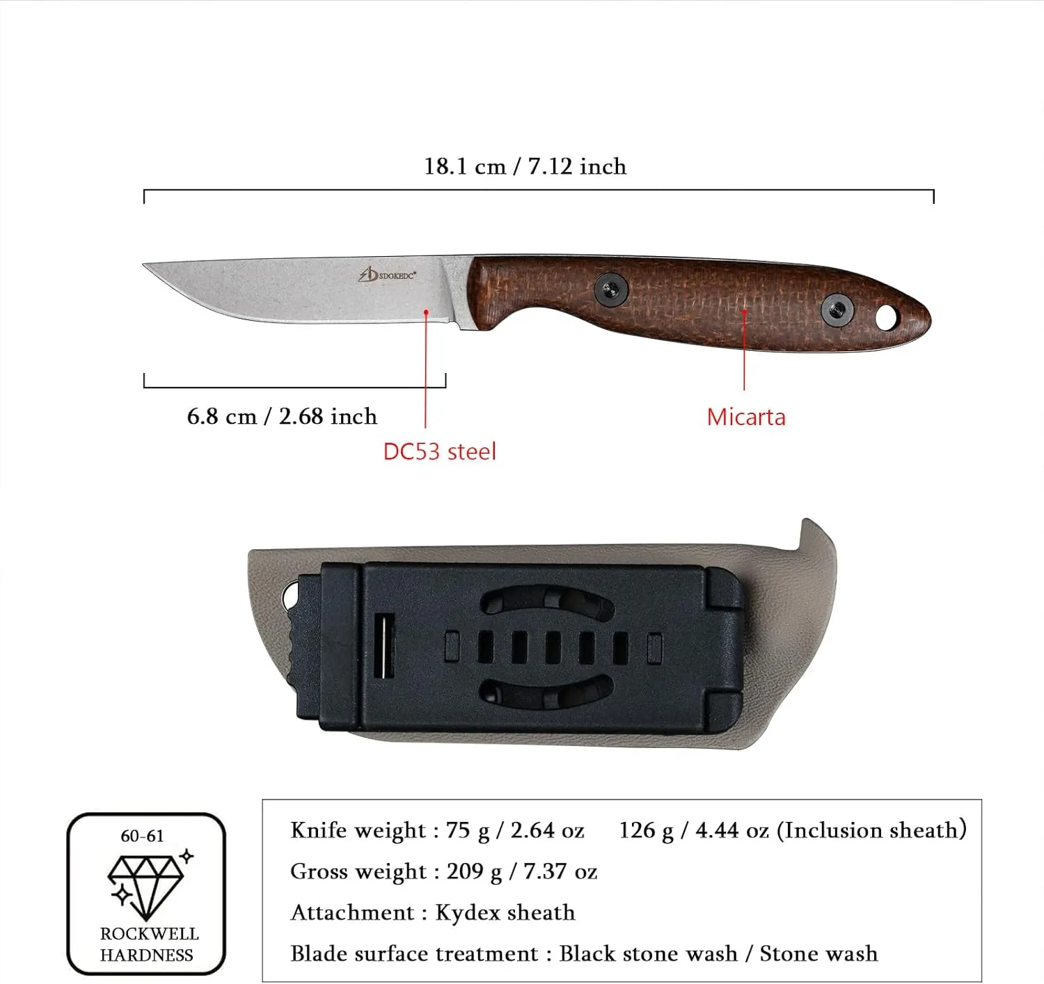 Knives DC53 Steel Tactical Fixed Blade Knife with kydex sheath for Men EDC Outdoor Camping Survival Hunting (White Micarta Handle)