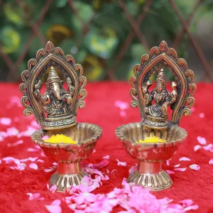 Lakshmi Ganesha Brass Diya Lamp (Set of 2)  - Antique Finish - Temple Decor