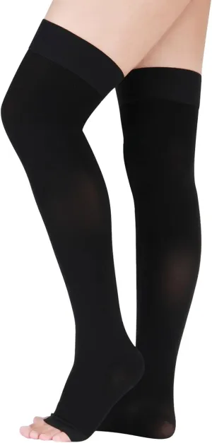 LIN PERFORMANCE 15-20 mmHg Medical Compression Stockings for Women and Men Thigh High Dot-Top Open Toe Socks for Varicose Vein Swollen legs Travel Flight Pregnant(Black,XL)