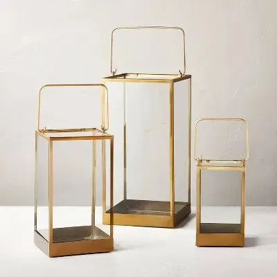 Medium 14" Square Metal & Glass Pillar Candle Lantern Brass - Hearth & Hand