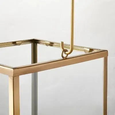 Medium 14" Square Metal & Glass Pillar Candle Lantern Brass - Hearth & Hand