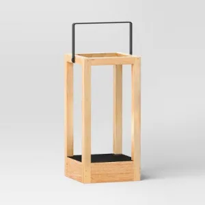 New - 11.81"x5.94" Pillar Metal/Wood Small Lantern Candle Holder Natural Wood -