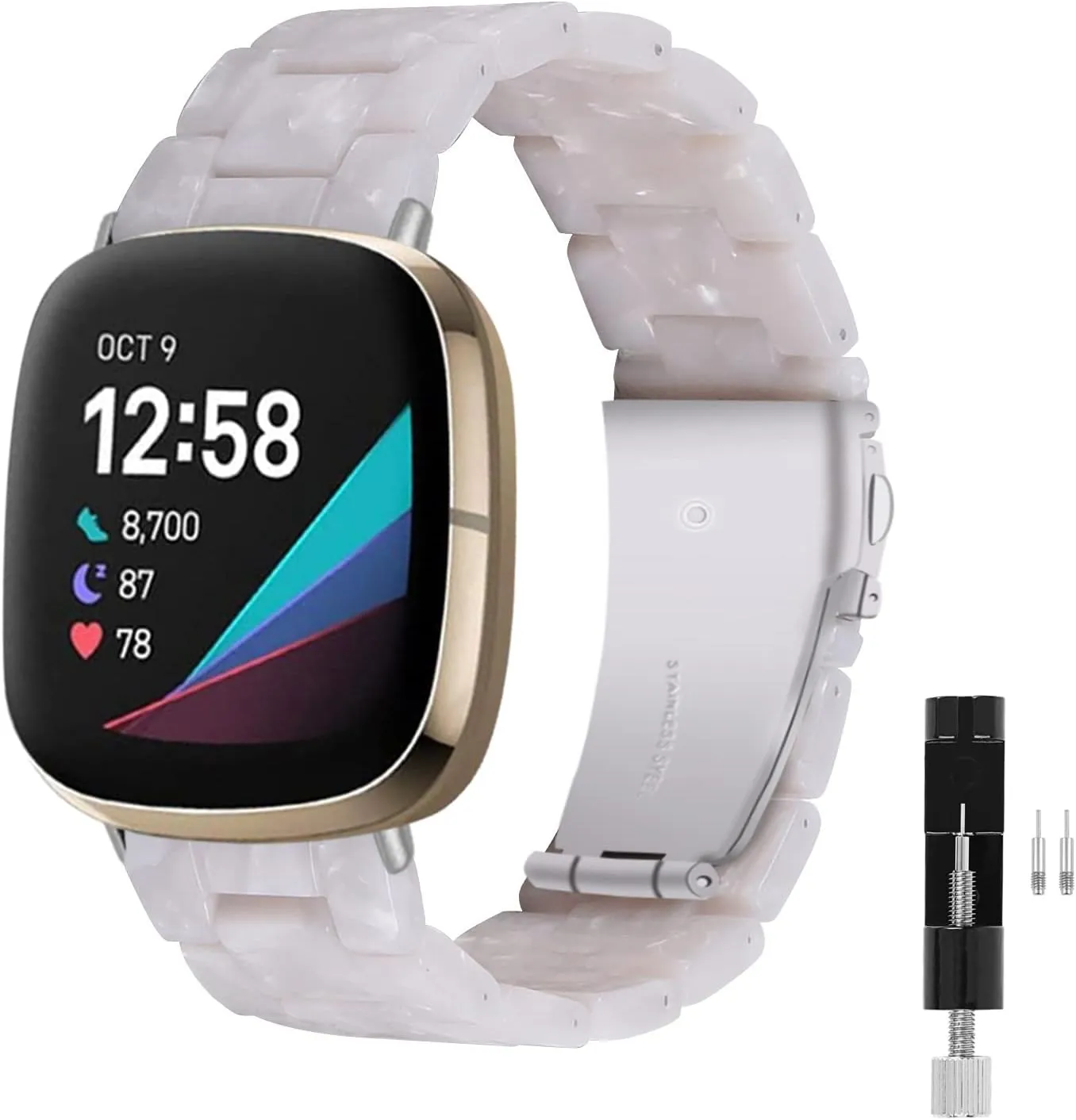 Resin Watch Band Compatible with Fitbit Versa 4/Sense 2/Versa 3/Fitbit Sense, Lightweight Adjustable Fashion Bracelet Wristband Replacement for Women Men with Stainless Metal Buckle