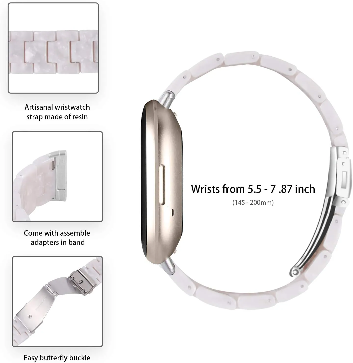Resin Watch Band Compatible with Fitbit Versa 4/Sense 2/Versa 3/Fitbit Sense, Lightweight Adjustable Fashion Bracelet Wristband Replacement for Women Men with Stainless Metal Buckle