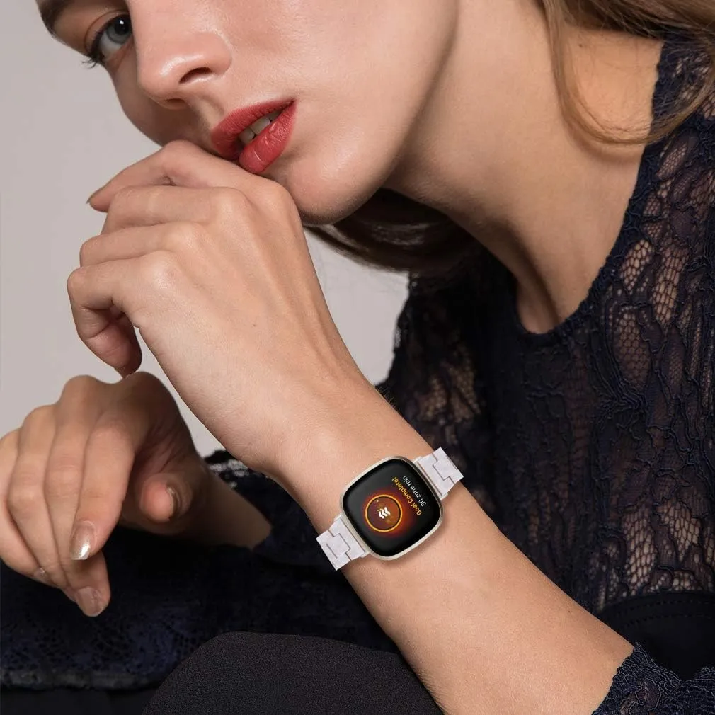 Resin Watch Band Compatible with Fitbit Versa 4/Sense 2/Versa 3/Fitbit Sense, Lightweight Adjustable Fashion Bracelet Wristband Replacement for Women Men with Stainless Metal Buckle
