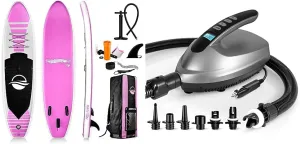 SereneLife Inflatable Stand Up Paddle Board (6" Thick), Pink & Premium Compact Digital Air Pump Compressor