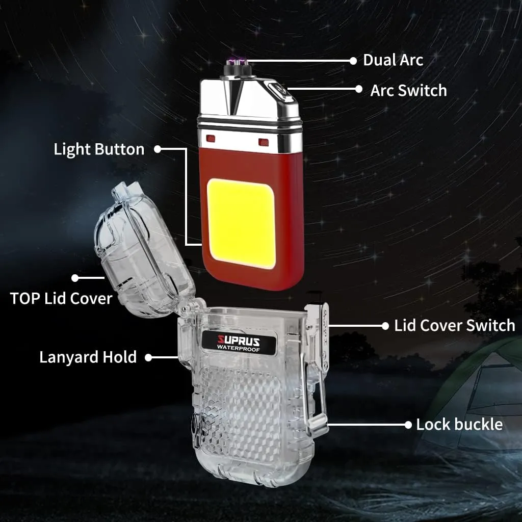 SUPRUS Waterproof 3 Modes of Flashlight Windproof Lighter Dual Arc Electric Rechargeable Dual Arc Plasma Lighter with Survival Emergency Whistle and Lanyard (Red)