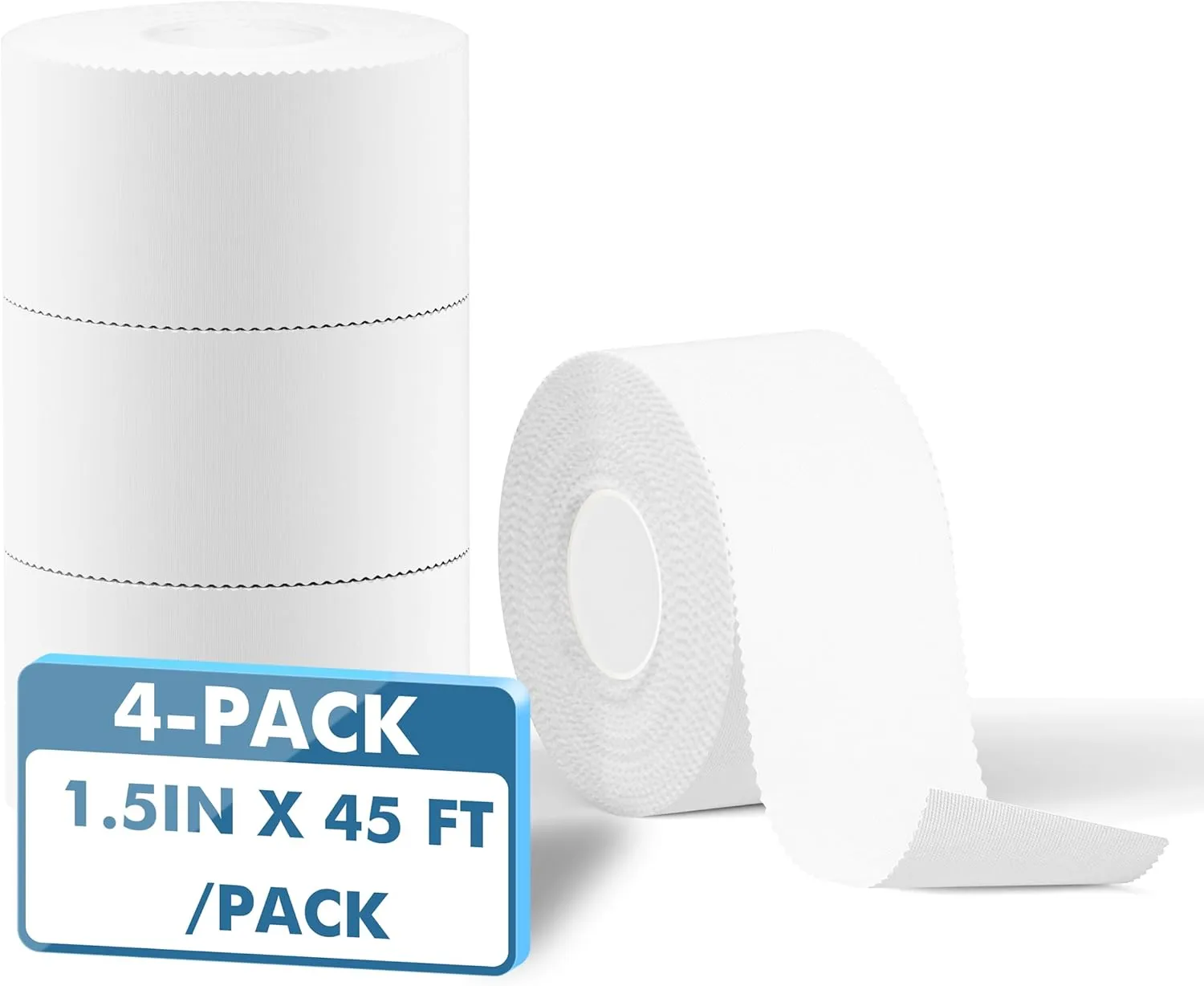 Sure Tape 4-Pack (1.5in X 45 ft/Pack) White Athletic Sports Tape - Strong Easy Tear NO Sticky Residue for Athlete & First Aid Injury Wrap, Perfect for Fingers Ankles Wrist on Bat, Hockey Stick