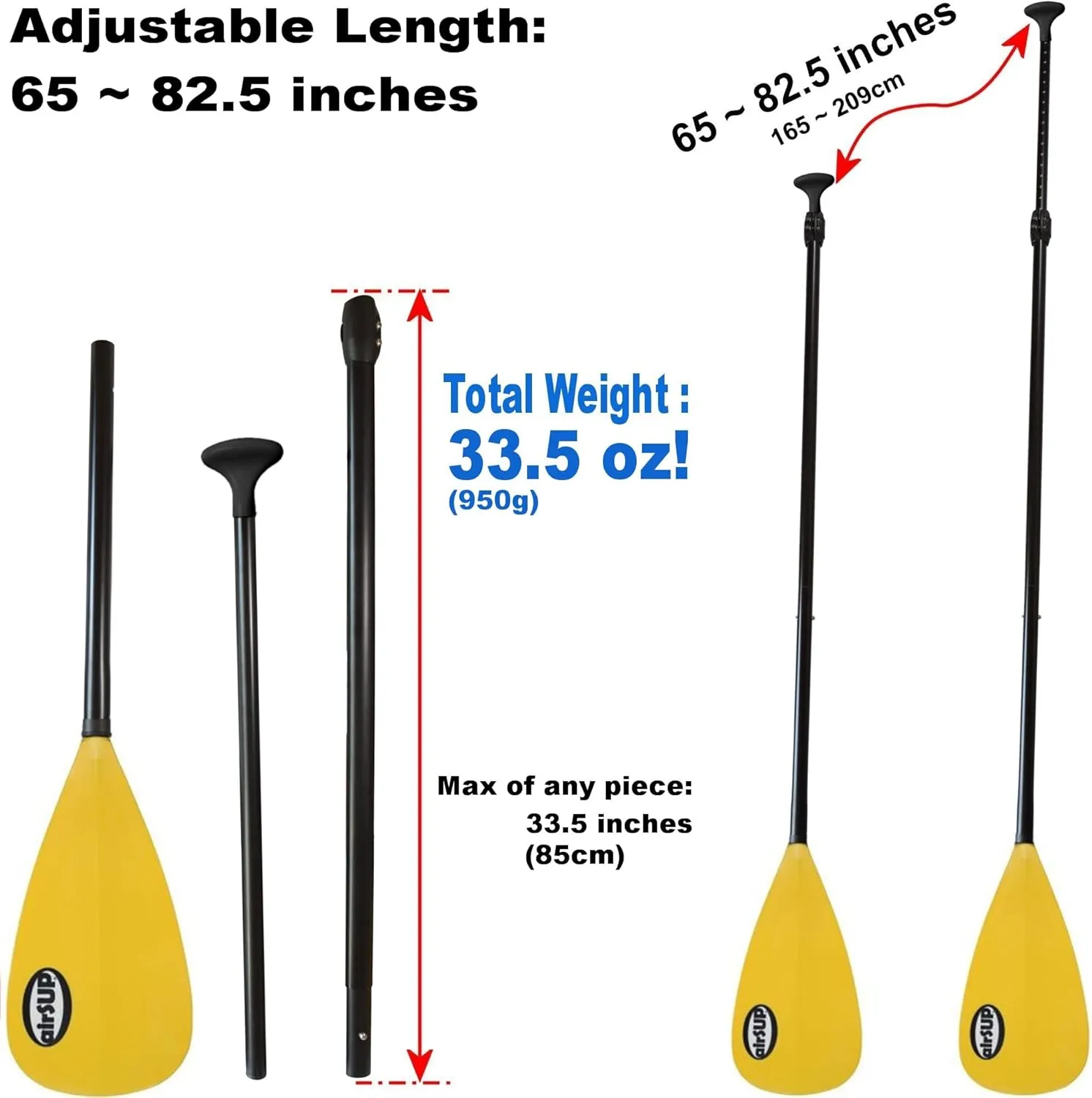 Tough 3 Piece Compact Paddle for Inflatable SUP Light 33oz with NO TWIST - Oval Shaft by airSUP