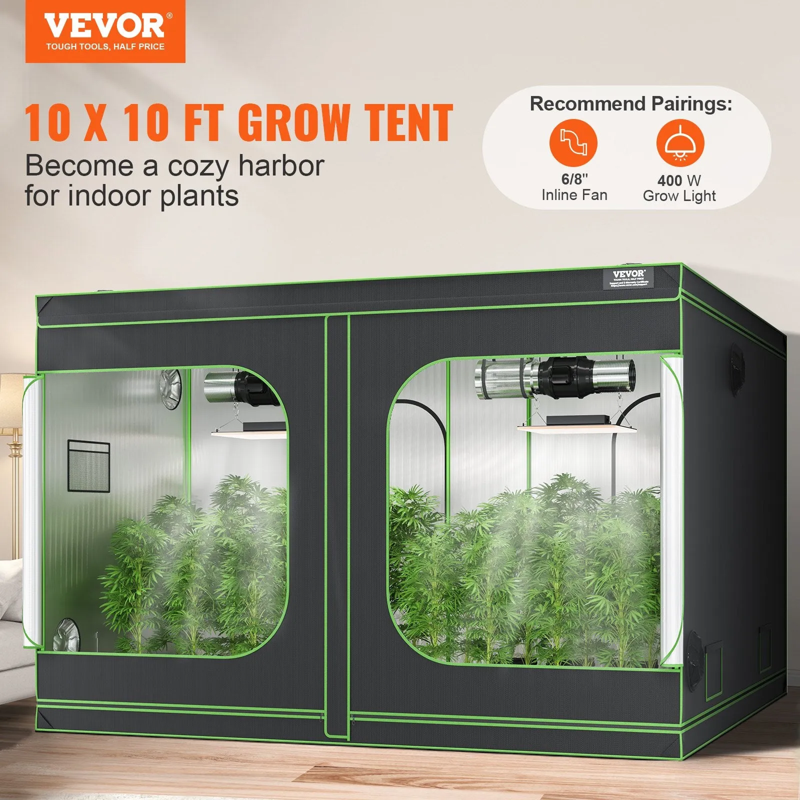 Vevor Grow Tent 10' x 10' High Reflective Mylar with Observation Windows New
