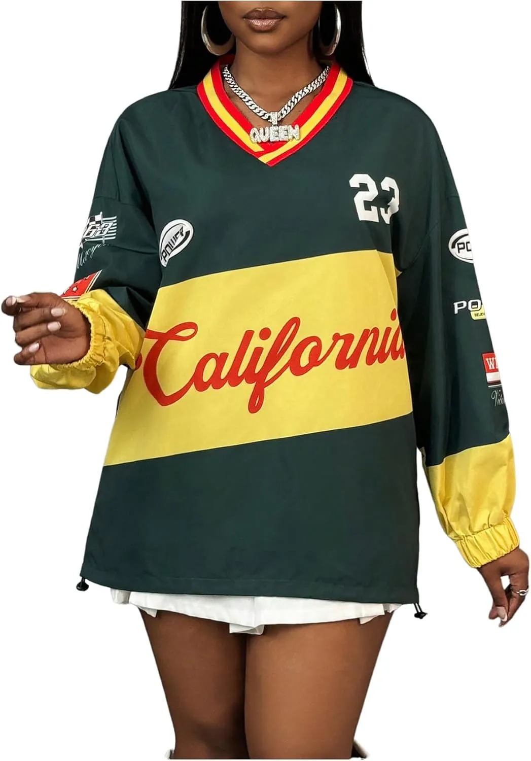 Women's Letter Print Shirts Adjustable Hem Striped V Neck Long Sleeve Pullover Tops Streetwear