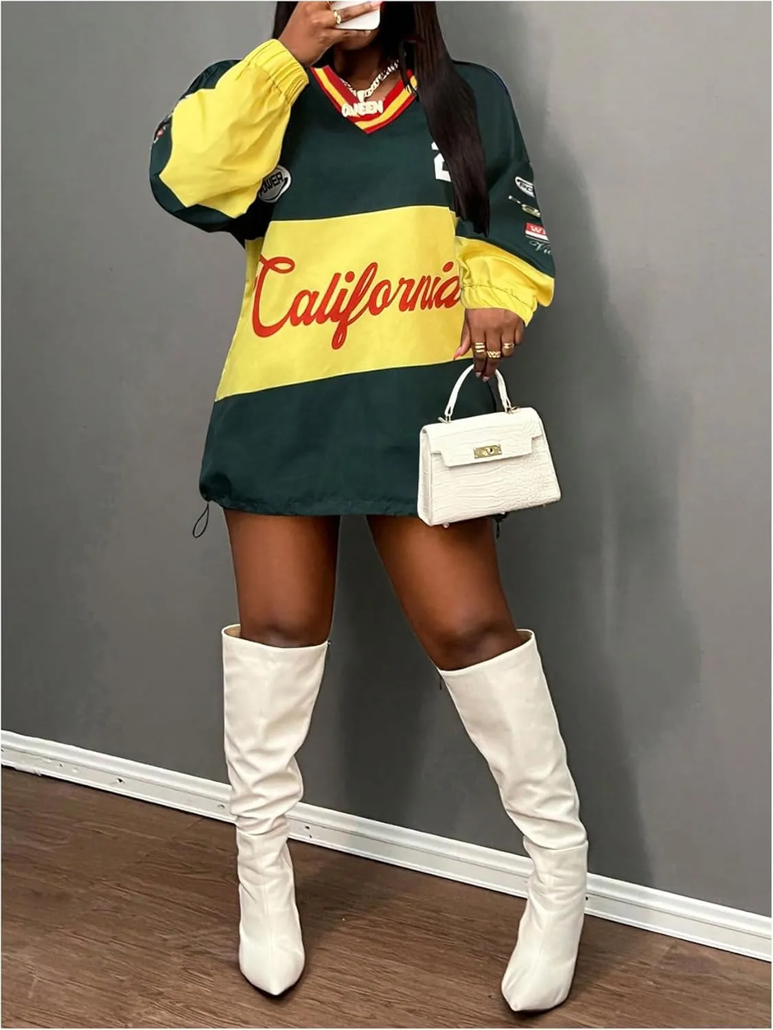 Women's Letter Print Shirts Adjustable Hem Striped V Neck Long Sleeve Pullover Tops Streetwear